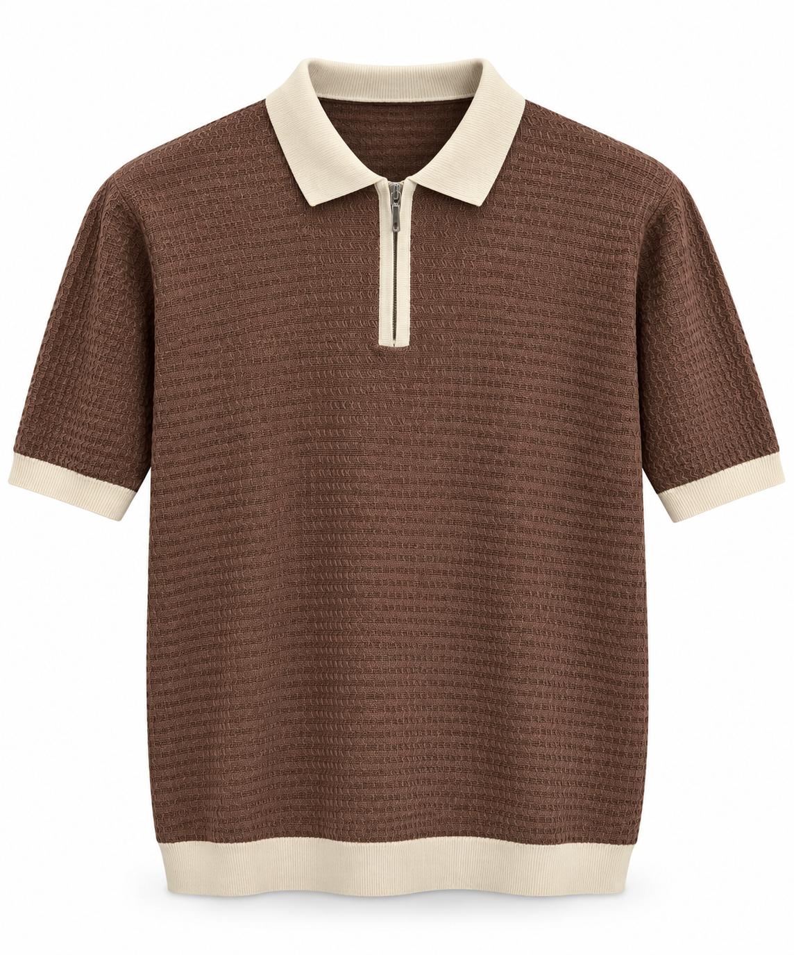 Polo Zippé Texturé à Col Contrasté